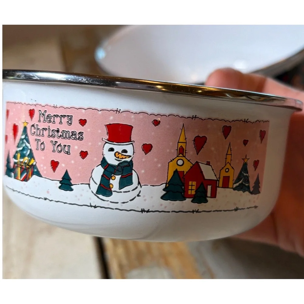 Vintage Christmas Enamelware Nesting Bowls Sets of 3 Santa Bear Holiday Kitchen